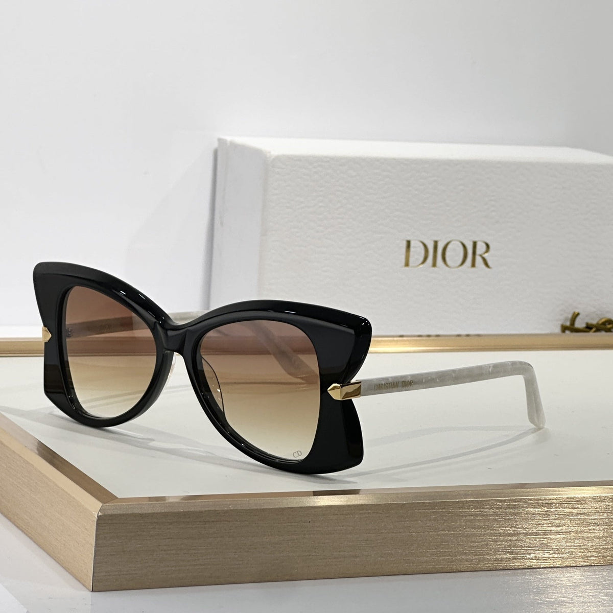 D**R MissDior B5I Cat Eye Sunglasses | Black Acetate Frame, Blue-Grey Gradient Lenses, Gold Hinge | Multiple Colors