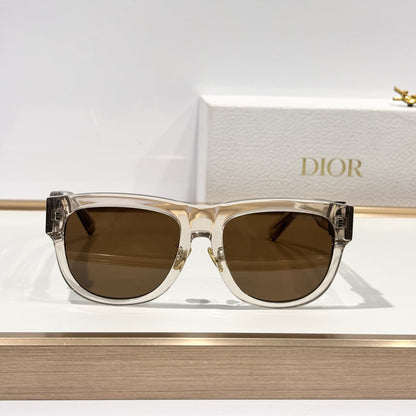 D**R Square Cat-Eye Sunglasses | Transparent Champagne Acetate Frame, 3D CD Letter Hinge Block, Flat Brown Lenses