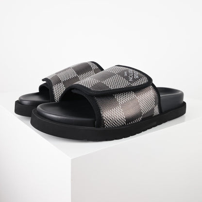 L***V Damier Graphite Black White Grey Woven Jacquard Velcro Adjustable Wide Strap Miami Slide Sandals — Spring Summer Boutique Limited Edition