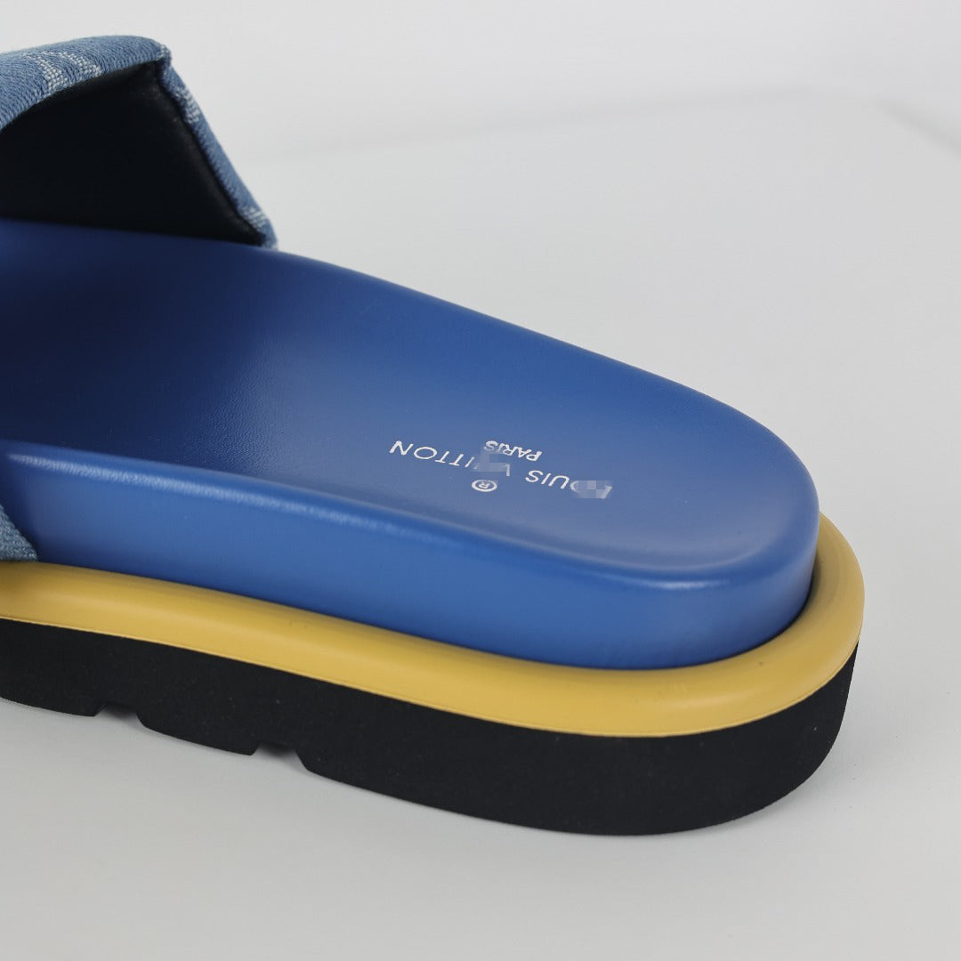 L***V Sky Blue Denim Monogram Gold Safety Pin Platform Slide Sandals — 2024 Spring Summer Boutique Limited Edition