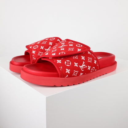 L***V Black White Monogram Woven Jacquard Slip-On Wide Strap Miami Slide Sandals — Spring Summer Boutique Limited Edition