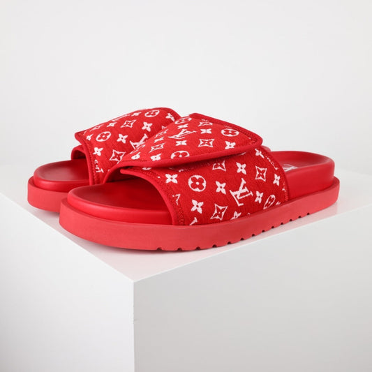 L***V Black White Monogram Woven Jacquard Slip-On Wide Strap Miami Slide Sandals — Spring Summer Boutique Limited Edition
