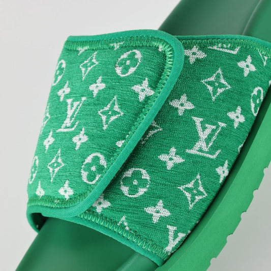 L***V Grass Green Monogram Woven Jacquard Velcro Adjustable Wide Strap Miami Slide Sandals — Spring Summer Boutique Limited Edition