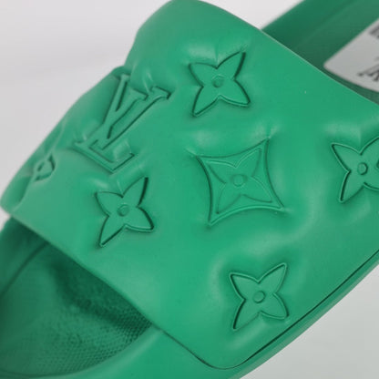 L***V Kelly Green Tonal Monogram Embossed Waterproof EVA Waterfront Wide Strap Slide Sandals — Spring Summer Boutique Limited Edition