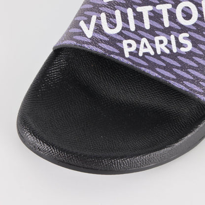 L***V Navy Blue Damier Jacquard LOUIS VUITTON PARIS Text Print Waterfront Wide Strap Slide Sandals — Spring Summer Boutique Limited Edition