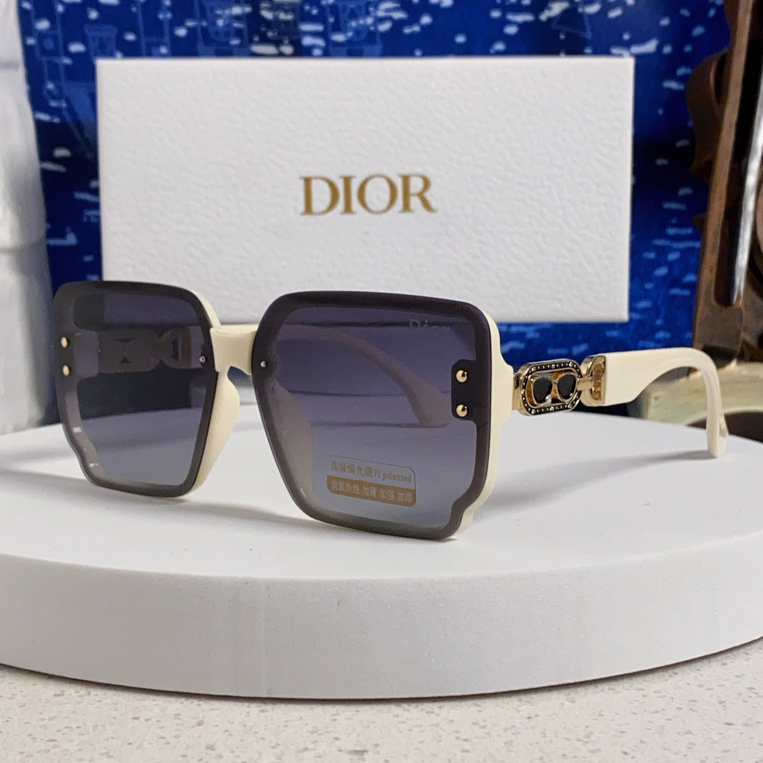D**R Oversized Square Sunglasses | Cream White Frame, Gold CD Logo Temple & Purple-Grey Gradient Lenses