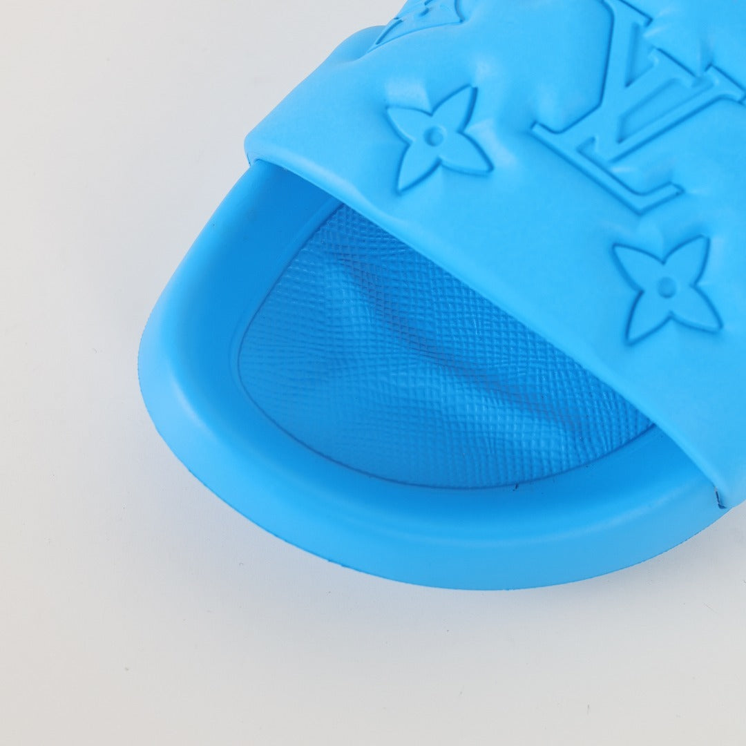 L***V Electric Blue Tonal Monogram Embossed EVA Waterfront Wide Strap Slide Sandals — Spring Summer Boutique Limited Edition