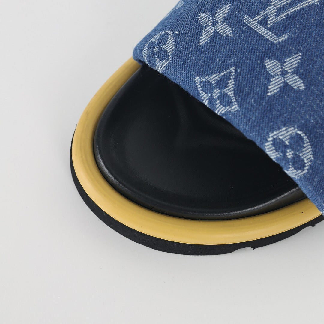 L***V Blue Denim Monogram Gold Bar Platform Slide Sandals — 2024 Spring Summer Boutique Limited Edition