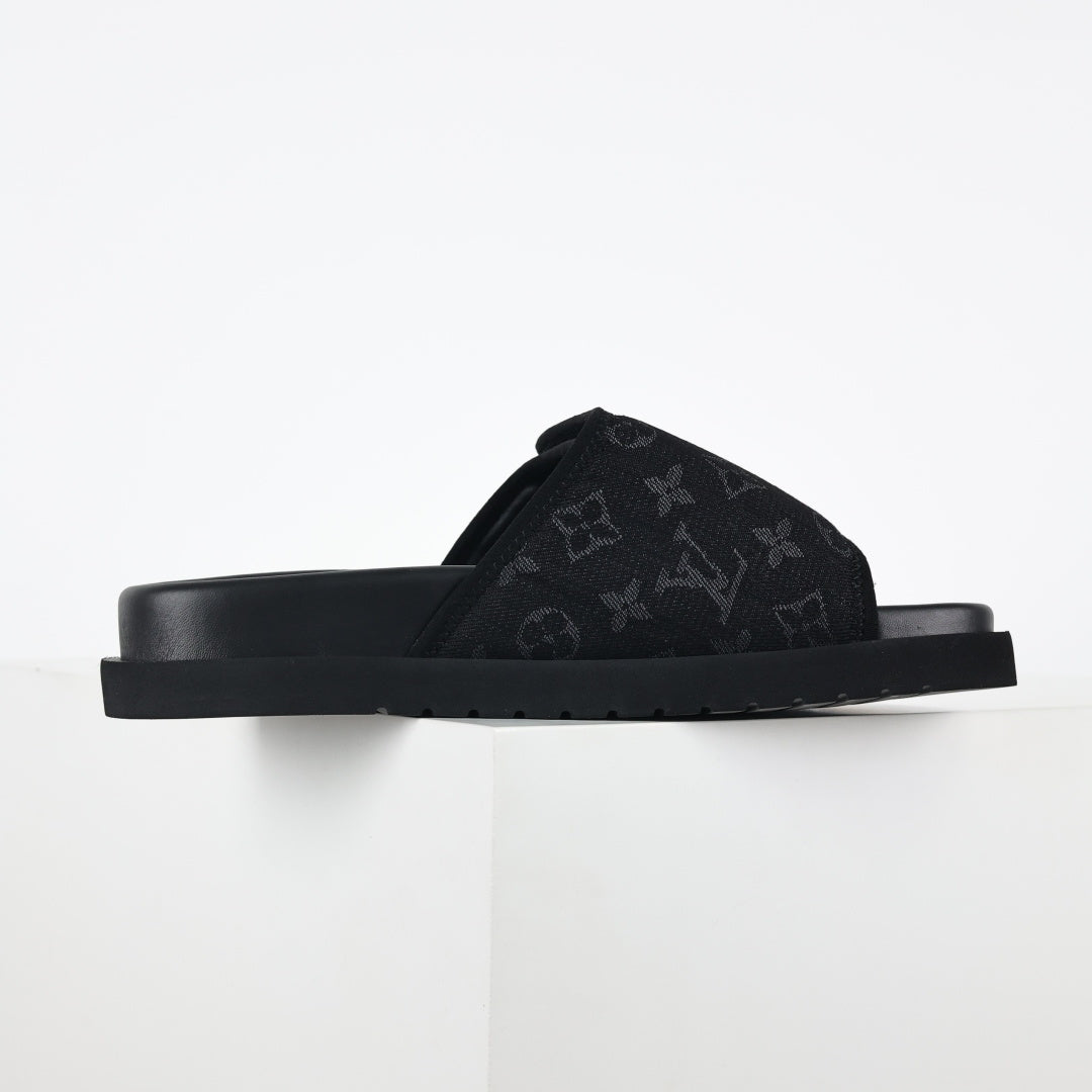 L***V All-Black Tonal Monogram Jacquard Twisted Bow Ruched Strap Miami Slide Sandals — Spring Summer Boutique Limited Edition