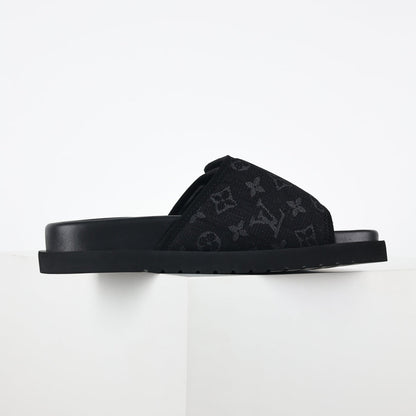 L***V All-Black Tonal Monogram Jacquard Twisted Bow Ruched Strap Miami Slide Sandals — Spring Summer Boutique Limited Edition