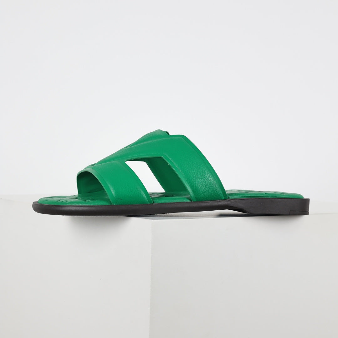 L***V Emerald Green Smooth Leather H-Strap Multi-Band Oasis Flat Slide Sandals — Spring Summer Boutique Limited Edition