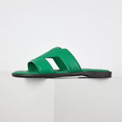 L***V Emerald Green Smooth Leather H-Strap Multi-Band Oasis Flat Slide Sandals — Spring Summer Boutique Limited Edition