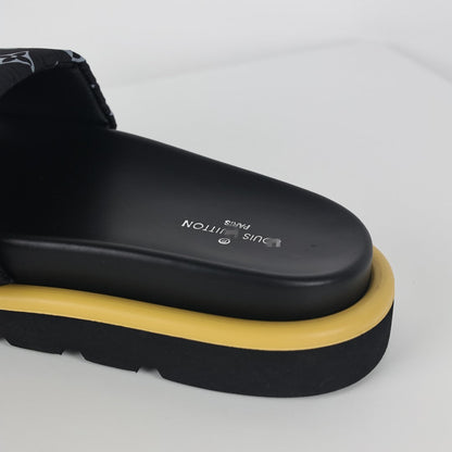 L***V All-Black Monogram Canvas Gold Bar Platform Slide Sandals — 2024 Spring Summer Boutique Limited Edition
