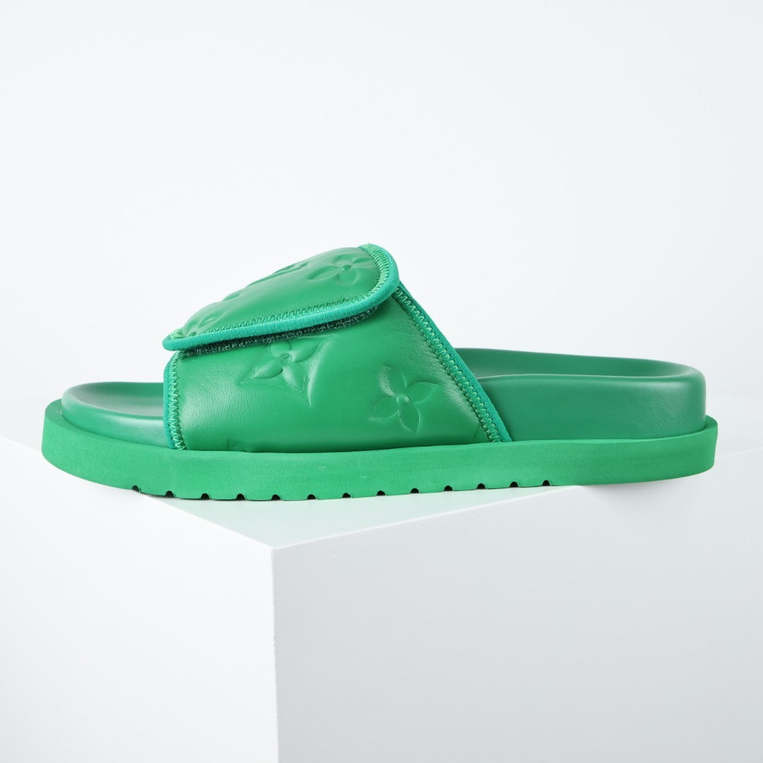 L***V Grass Green Inflated Pillow Leather Velcro Adjustable Wide Strap Miami Slide Sandals — Spring Summer Boutique Limited Edition