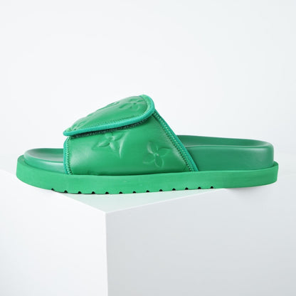 L***V Grass Green Inflated Pillow Leather Velcro Adjustable Wide Strap Miami Slide Sandals — Spring Summer Boutique Limited Edition
