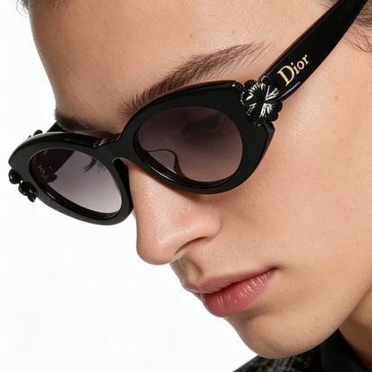 D**R Cat-Eye Oval Sunglasses | Glossy Black Acetate Frame, 3D Floral Detail & Grey Gradient Lenses