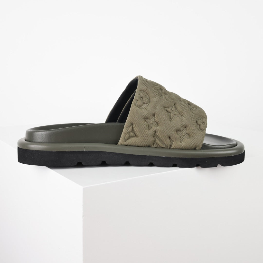 L***V Monogram Embossed Suede Slide Sandals — Quilted Wide Band Slip-On Pool Beach Slippers (8 Colors)