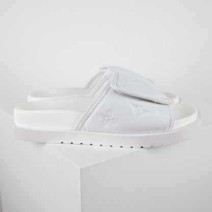 L***V All-White Inflated Pillow Leather Wide Strap Miami Slide Sandals — Spring Summer Boutique Limited Edition