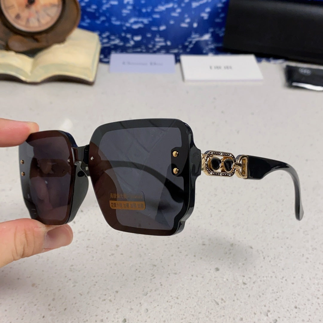 D**R Oversized Square Sunglasses | All-Black Frame, Gold CD Logo Temple & Dark Grey Lenses
