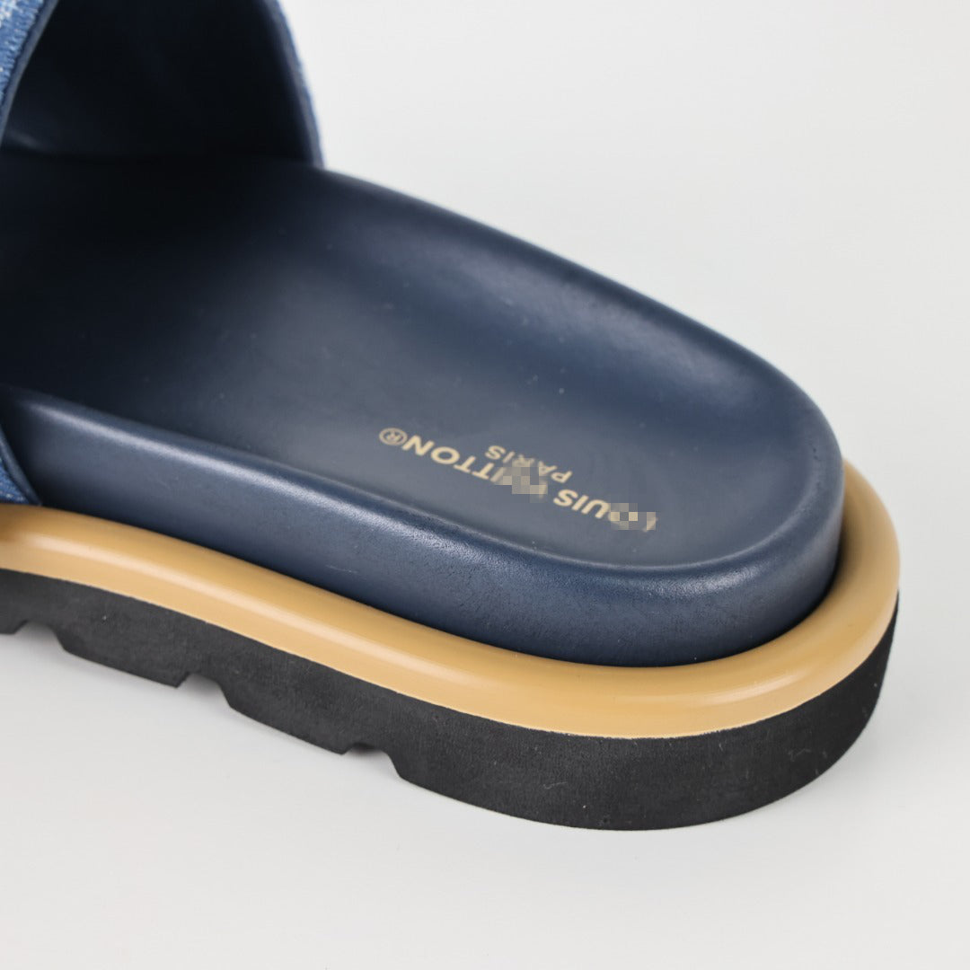 L***V Denim Monogram Velcro Strap Slide Sandals — Wide Band Adjustable Pool Beach Slippers (8 Colors)