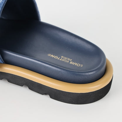 L***V Denim Monogram Velcro Strap Slide Sandals — Wide Band Adjustable Pool Beach Slippers (8 Colors)