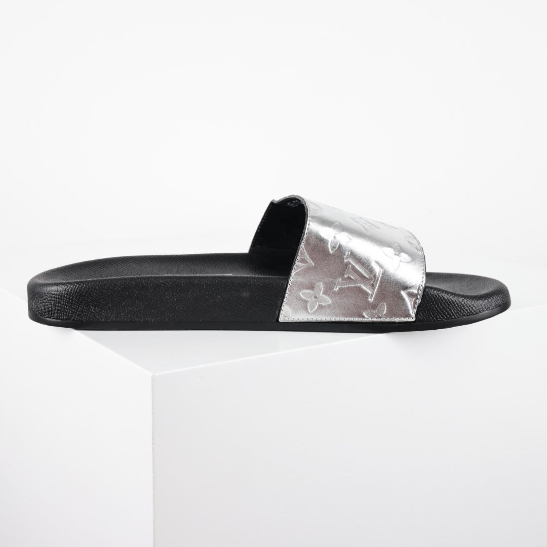L***V Silver Mirror Metallic Embossed Monogram Waterfront Wide Strap Slide Sandals — Spring Summer Boutique Limited Edition