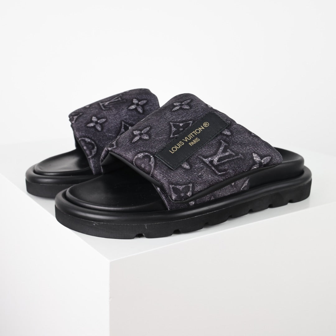 L***V Monogram Embossed Velcro Strap Slide Sandals — All-Black Wide Band Pool Beach Slippers (8 Colors)