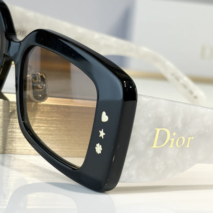 D**R Square Sunglasses | Black & Pearl White Two-Tone Acetate, Gold Heart Star Flower Studs, Dior Script Temple, Gradient Brown Lenses