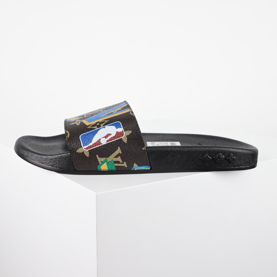 L***V Camo Multicolor Sticker Print Waterfront Wide Strap Slide Sandals — Spring Summer Boutique Limited Edition