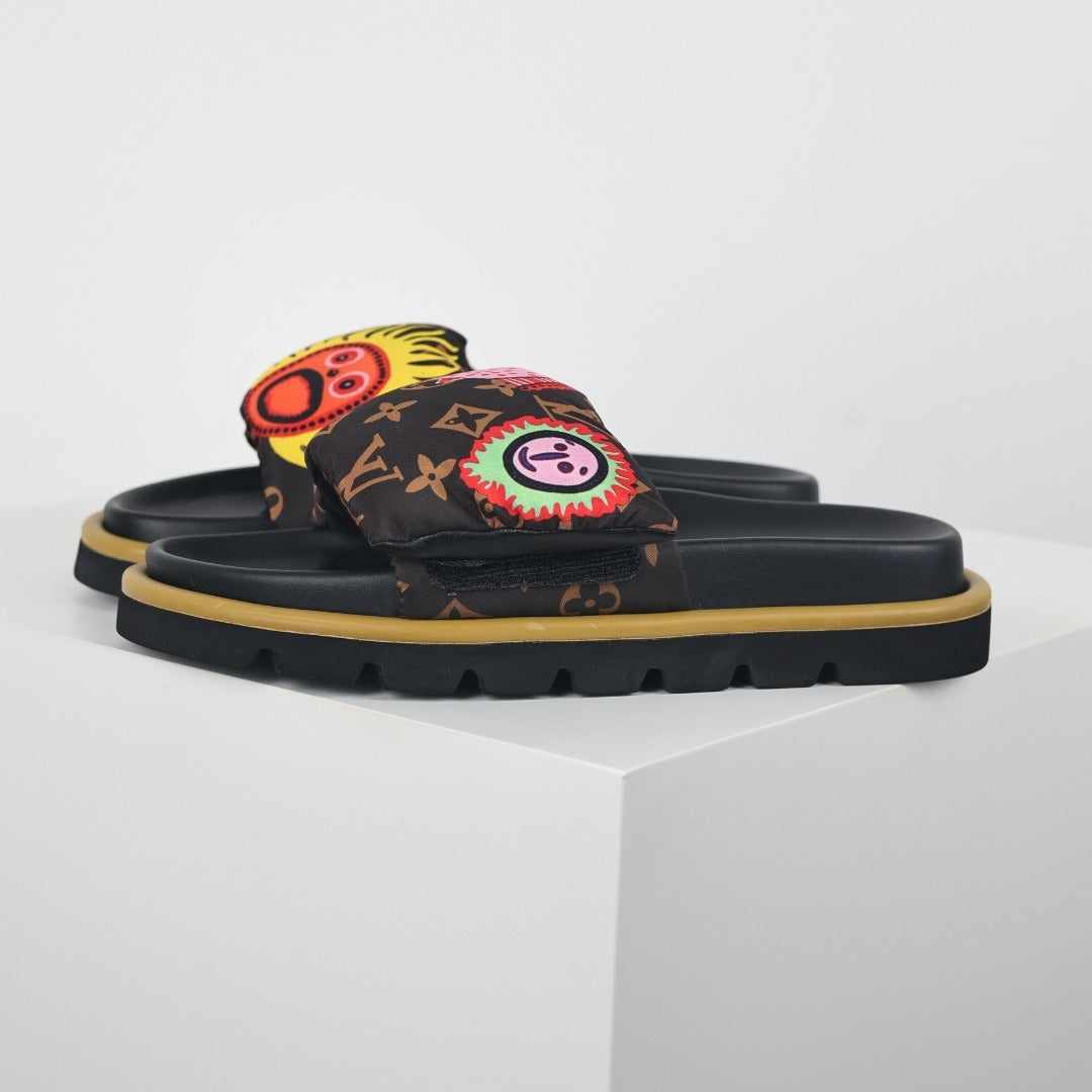 L***V Brown Monogram Graffiti Circle Print Wide Strap Platform Slide Sandals — Spring Summer Boutique Limited Edition