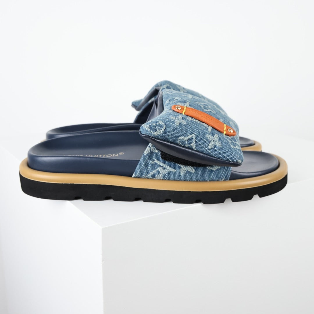 L***V Denim Monogram Double Strap Velcro Slide Sandals — SS24 Wide Band Slip-On Pool Beach Slippers (4 Colors)