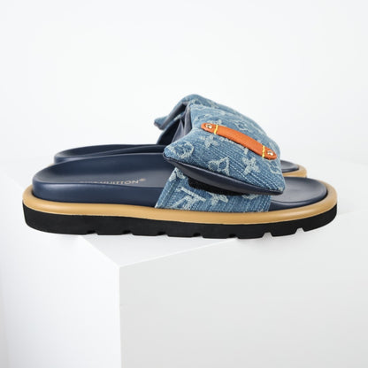 L***V Denim Monogram Double Strap Velcro Slide Sandals — SS24 Wide Band Slip-On Pool Beach Slippers (4 Colors)