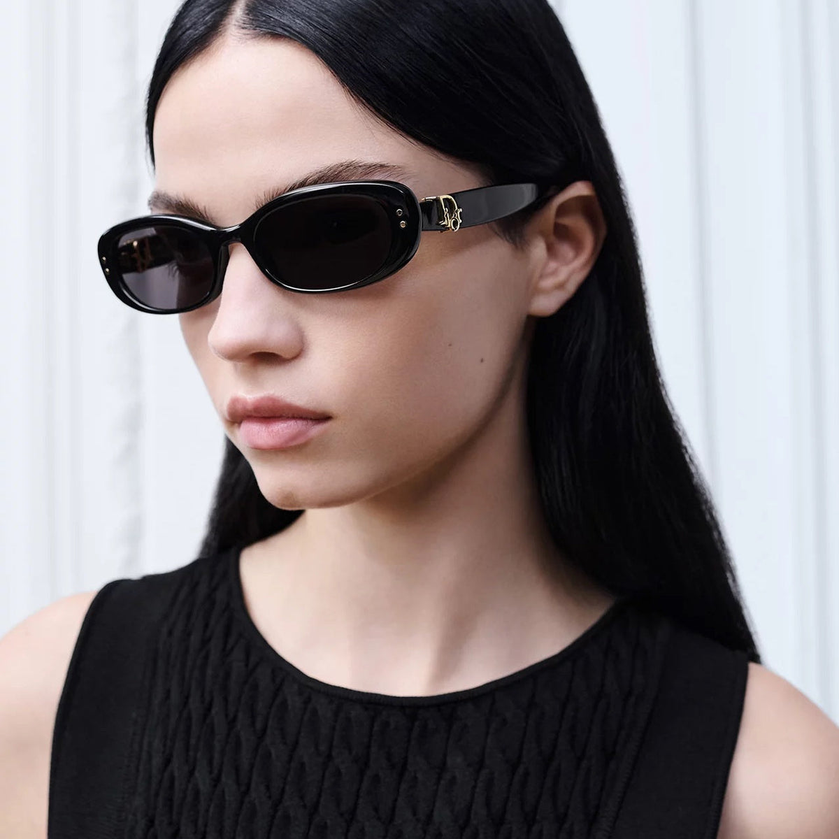 D**R Slim Rectangular Sunglasses with Glossy Black Frame, Dark Grey Lenses & Silver Logo Hardware