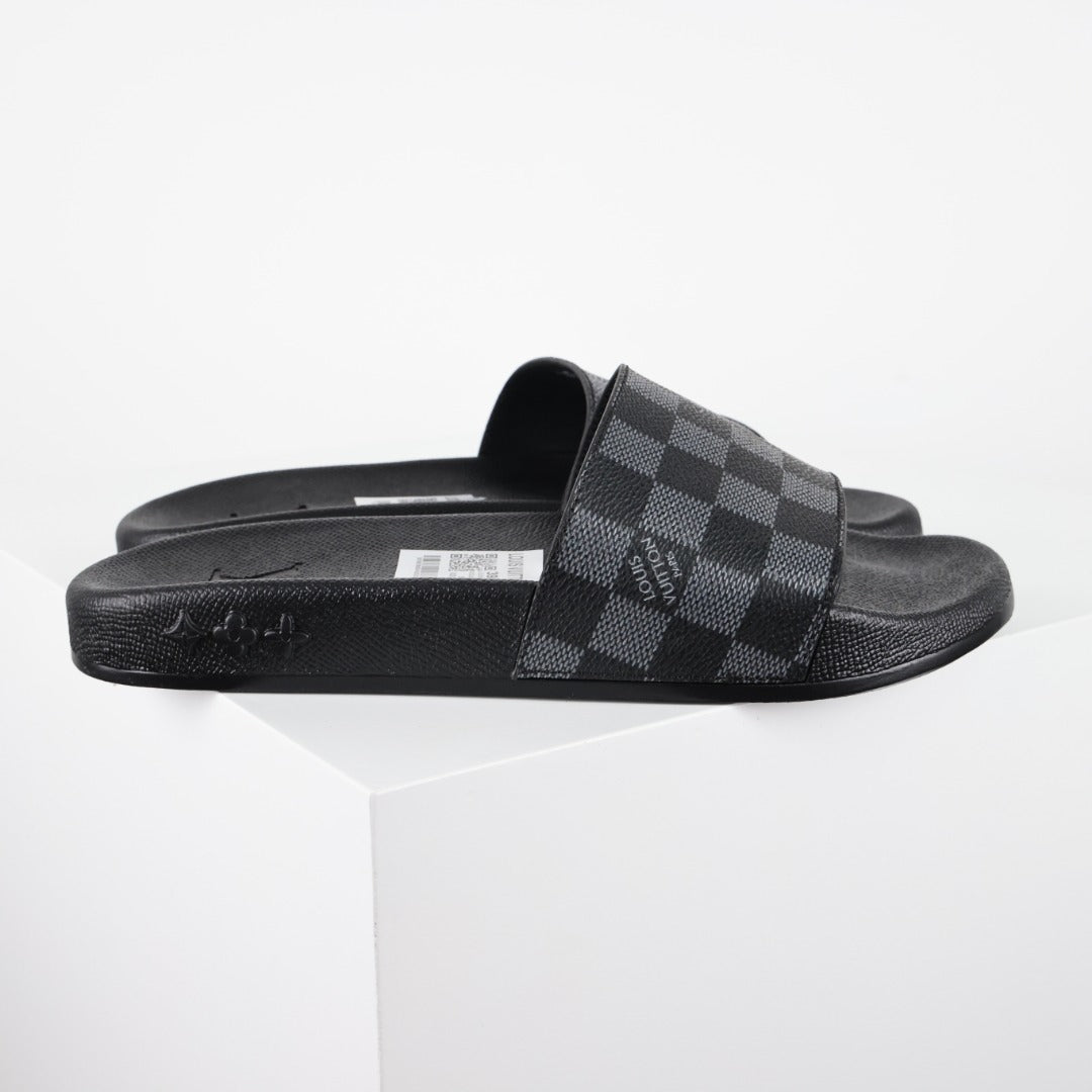 L***V Damier Graphite All-Black Waterfront Wide Strap Slide Sandals — Spring Summer Boutique Limited Edition