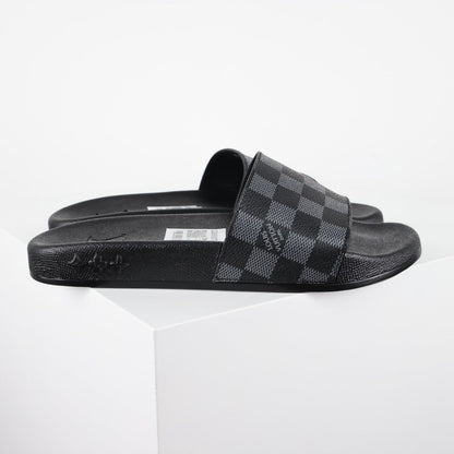 L***V Damier Graphite All-Black Waterfront Wide Strap Slide Sandals — Spring Summer Boutique Limited Edition