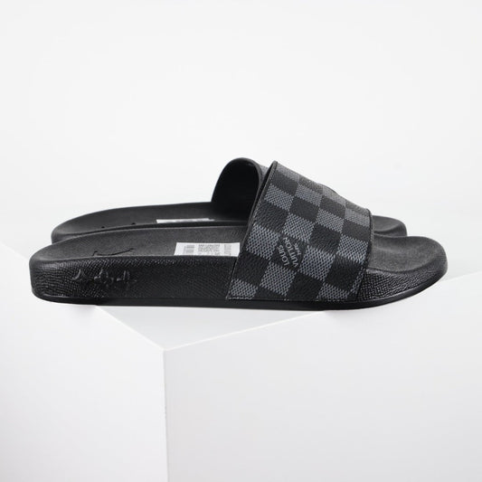 L***V Damier Graphite All-Black Waterfront Wide Strap Slide Sandals — Spring Summer Boutique Limited Edition