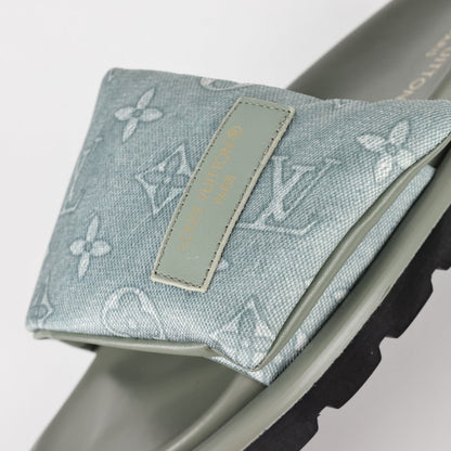 L***V Ice Blue Metallic Embossed Monogram Leather Wide Strap Platform Slide Sandals — Spring Summer Boutique Limited Edition