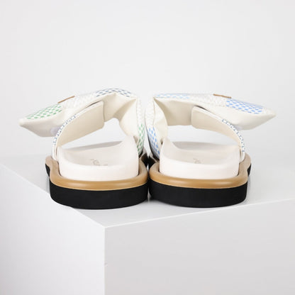 L***V White Mesh Woven Gold Bar Wide Strap Pool Pillow Comfort Slide Sandals — Spring Summer Boutique Limited Edition
