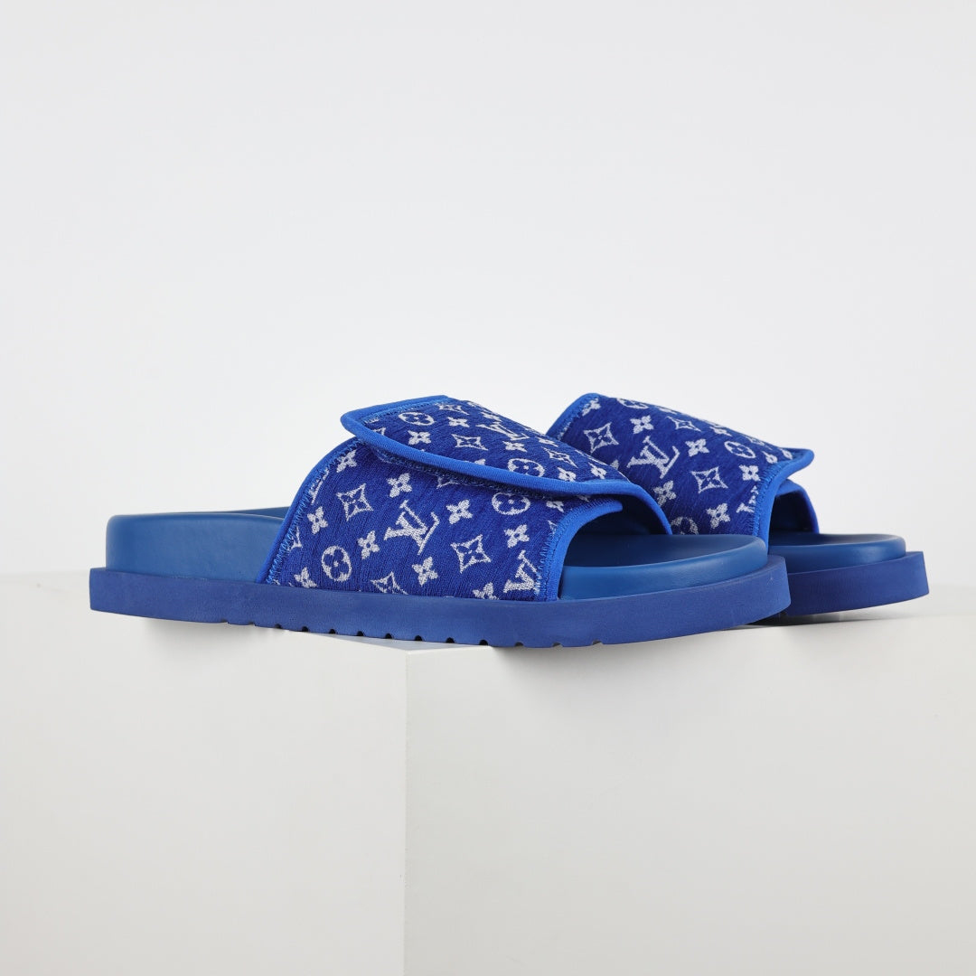 L***V Royal Blue Monogram Jacquard Twisted Bow Ruched Strap Miami Slide Sandals — Spring Summer Boutique Limited Edition