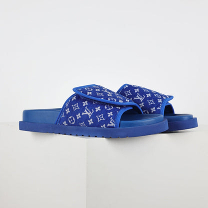 L***V Royal Blue Monogram Jacquard Twisted Bow Ruched Strap Miami Slide Sandals — Spring Summer Boutique Limited Edition