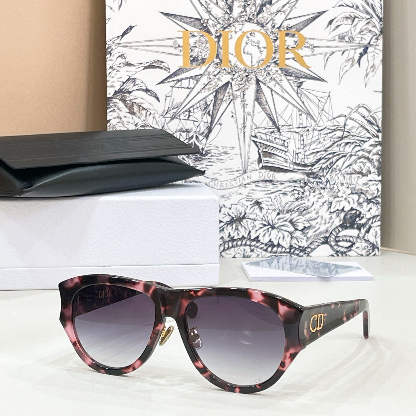 D**R Oversized Pilot Sunglasses with Glossy Black Acetate Frame, Brown Gradient Lenses & Gold CD Logo Hardware