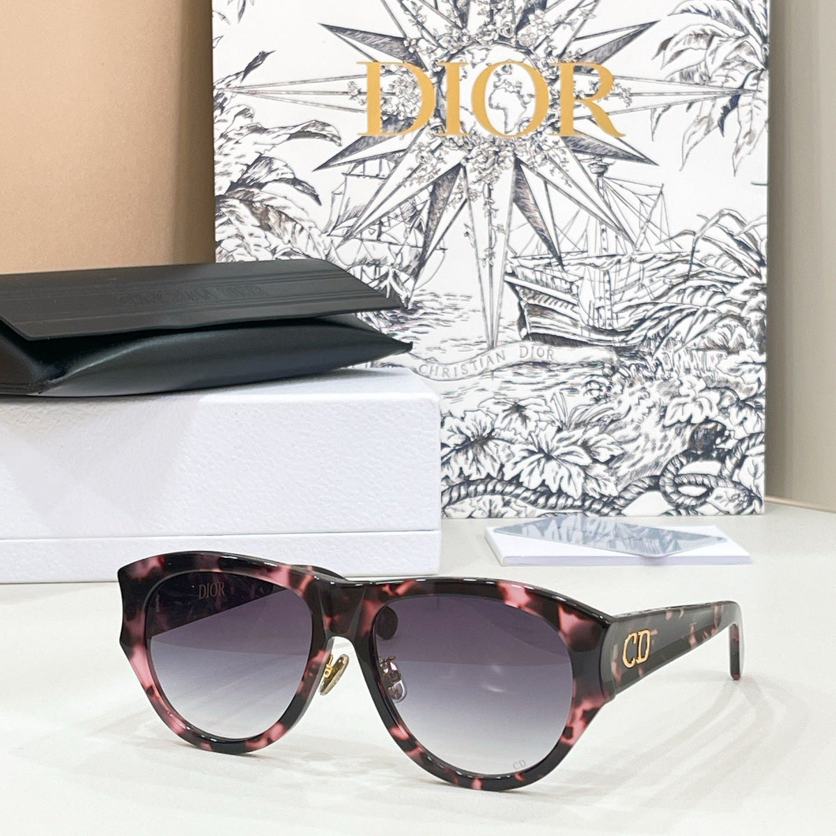 D**R Oversized Pilot Sunglasses with Glossy Black Acetate Frame, Brown Gradient Lenses & Gold CD Logo Hardware