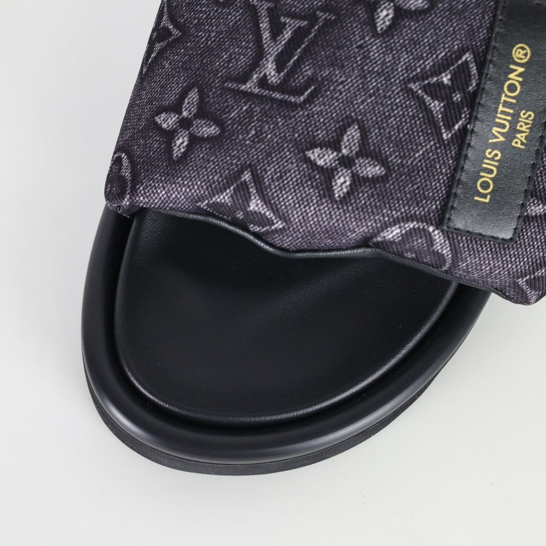 L***V All-Black Embossed Monogram Leather Wide Strap Platform Slide Sandals — Spring Summer Boutique Limited Edition