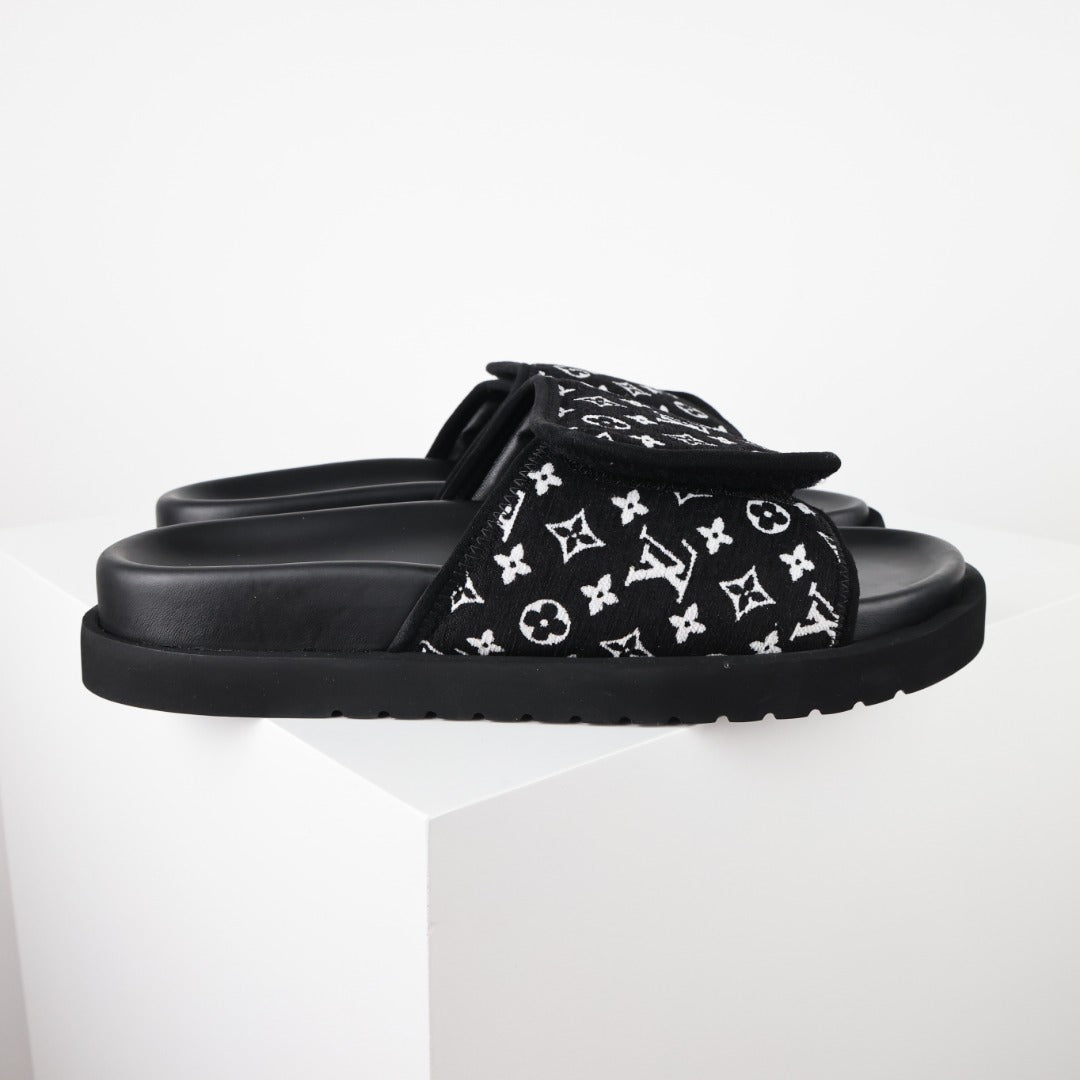 L***V Black White Monogram Woven Jacquard Slip-On Wide Strap Miami Slide Sandals — Spring Summer Boutique Limited Edition