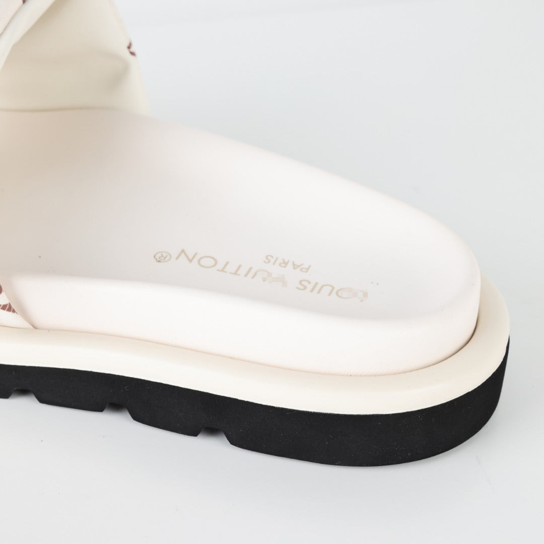 L***V Monogram Canvas Velcro Strap Slide Sandals — SS24 Cream Wide Band Slip-On Pool Beach Slippers (4 Colors)