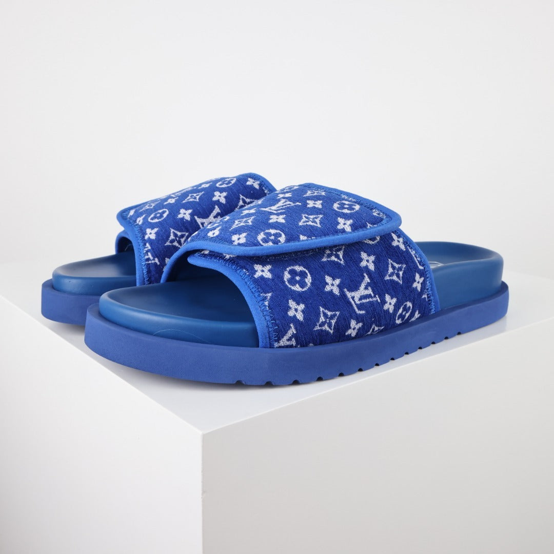 L***V Royal Blue Monogram Jacquard Velcro Adjustable Wide Strap Miami Slide Sandals — Spring Summer Boutique Limited Edition