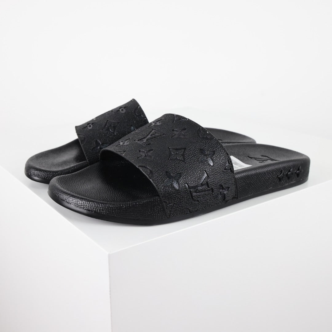 L***V All-Black Rubber Tonal Oversized Monogram Embossed Waterfront Wide Strap Slide Sandals — Spring Summer Boutique Limited Edition