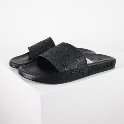L***V All-Black Rubber Tonal Oversized Monogram Embossed Waterfront Wide Strap Slide Sandals — Spring Summer Boutique Limited Edition