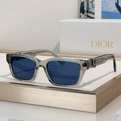D**R Thick Square Sunglasses with Crystal Grey Transparent Frame, Navy Blue Lenses & Engraved CD Temple Hardware