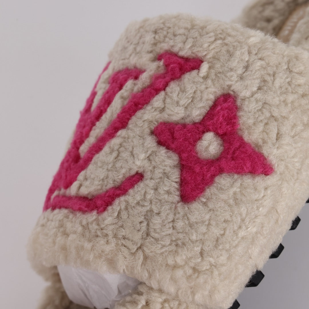 L***V Cream White Hot Pink Monogram Shearling Lambswool Single Strap Slide Sandals — Autumn Winter Boutique Limited Edition